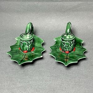 Vintage Antique Christmas Holly Berries Green Candle Stick Holders Holiday Decor